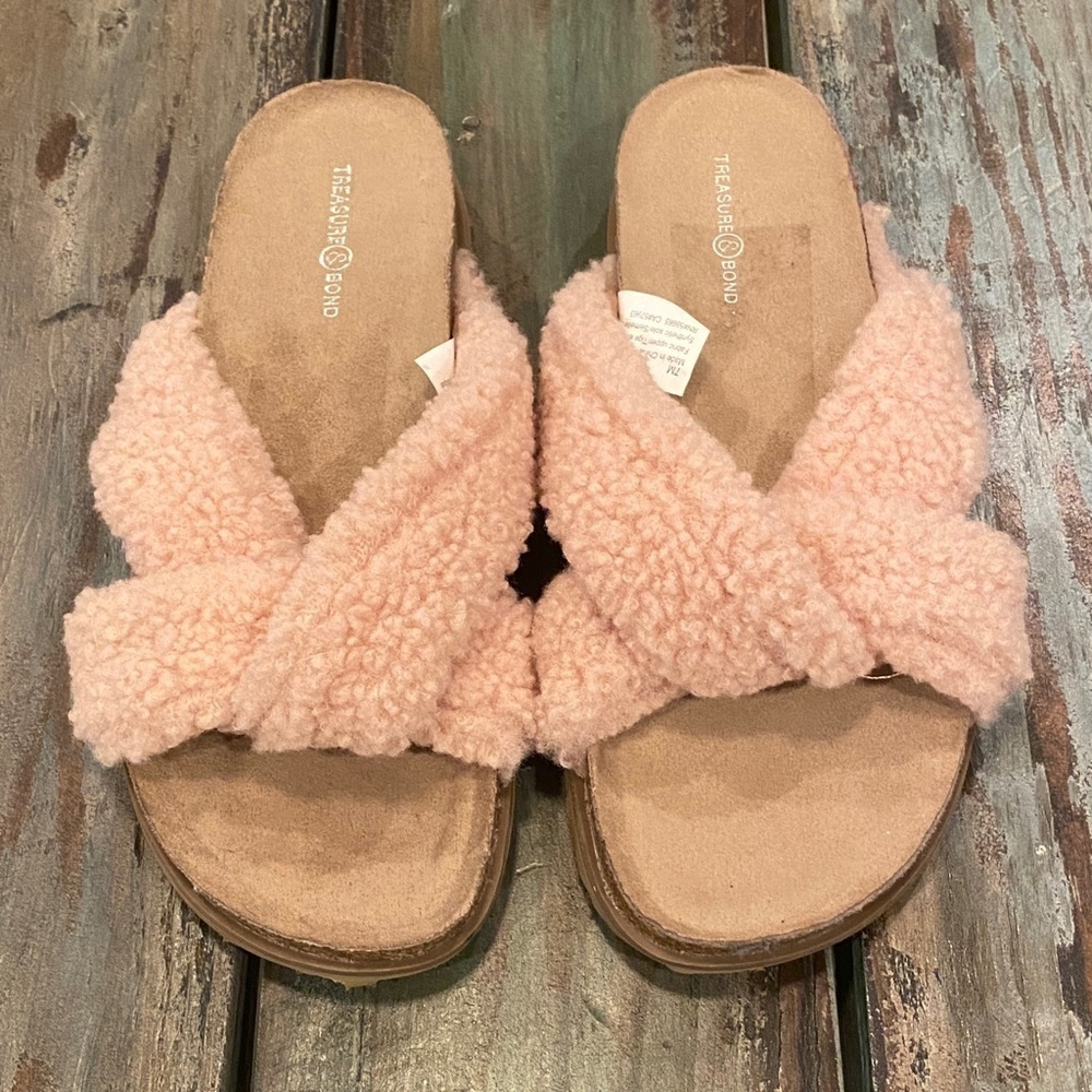 Treasure & Bond Teddy Blush Cork Faux Shearling Fleece Sandals Slides Slippers 7 - Picture 3 of 8